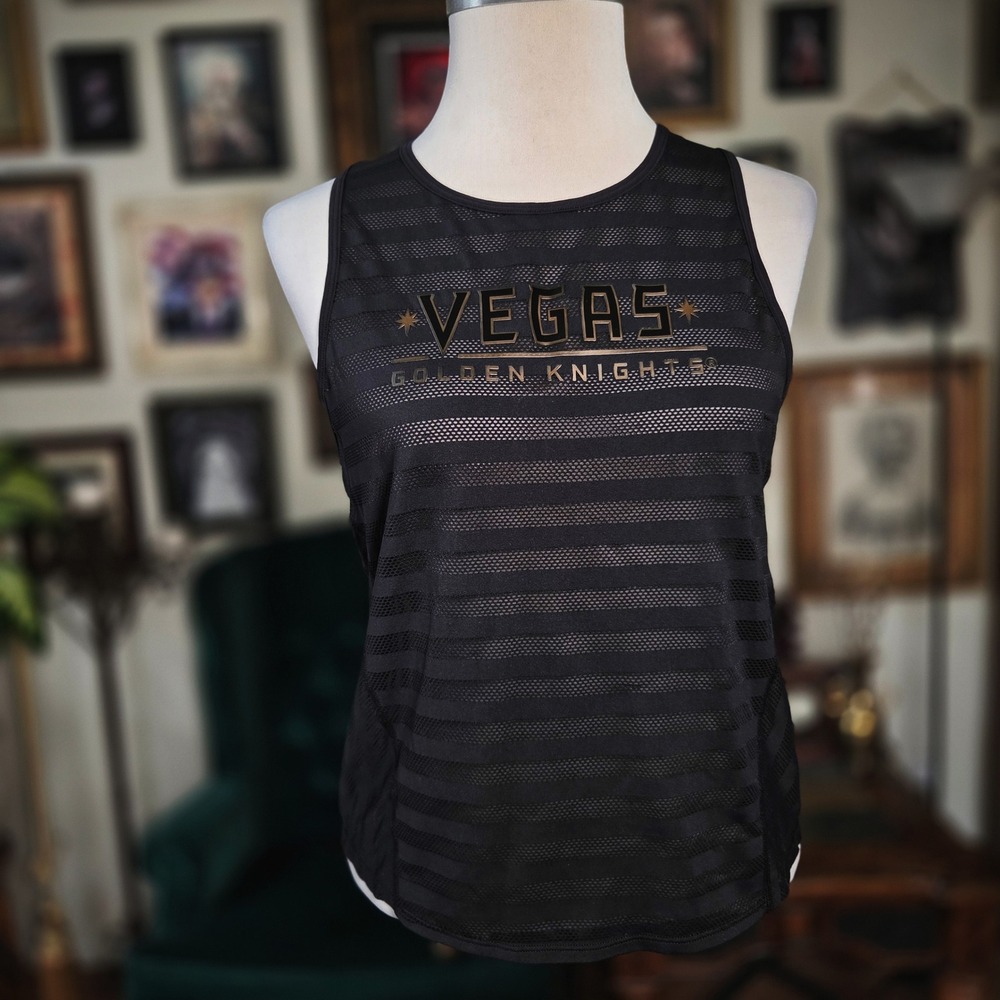 NHL Vegas Golden Knights Tank Top Womens Black Mesh Striped Sleeveless VGK Shirt